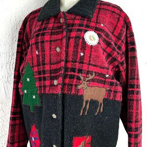 Talbots Fleece Applique Jacket Women's XL Red Black Reindeer Christmas Tree